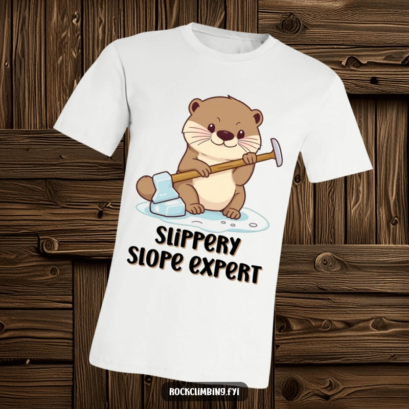 Funny T-Shirt depicting a highly focused otter using a tiny ice axe for a secure grip on an icy surface, ready for action.