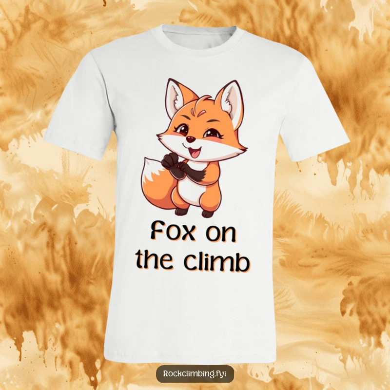 Funny charming fox reaching for a difficult handhold with intense focus and joy, showing adventurous spirit, funny tee.