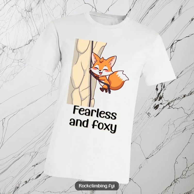 Funny Fox Rappelling T-Shirt: A playful fox winks as it rappels down a steep cliff, ideal for adventure seekers.
