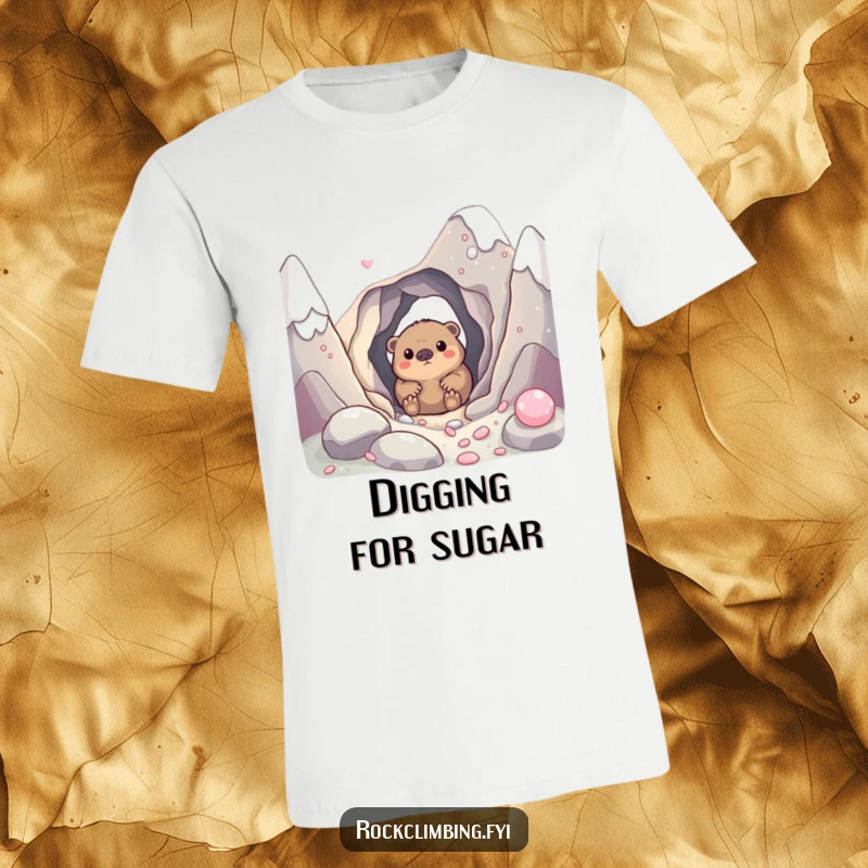 Funny t-shirt featuring a curious mole peeking from a hole in a giant candy mountain, a playful depiction of confectionery exploration.