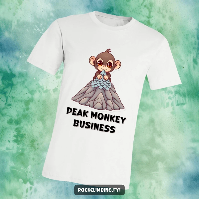 Funny T-Shirt featuring a cute monkey with bright eyes scaling a miniature mountain peak, embodying playful adventure.