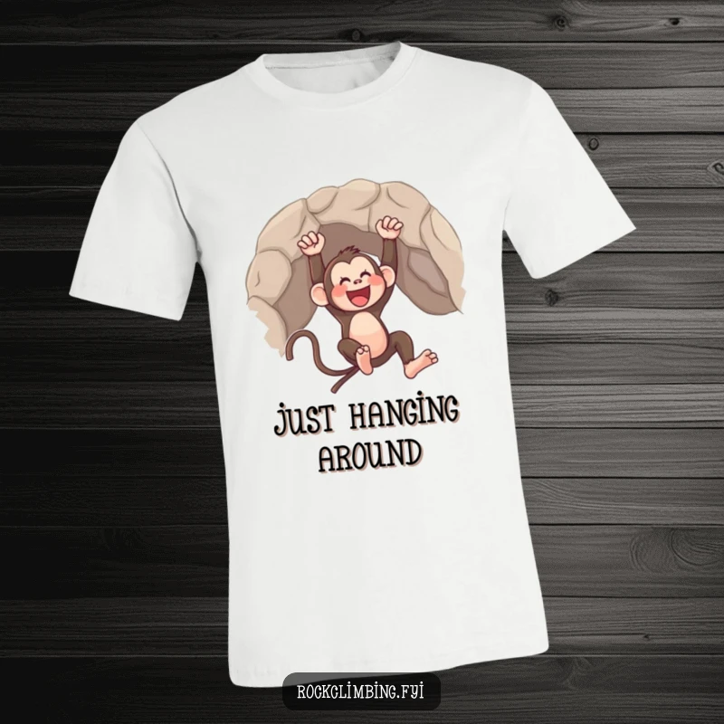 Funny t-shirt depicting a happy monkey dynamically swinging from a rugged rock ledge, showcasing pure exhilaration.
