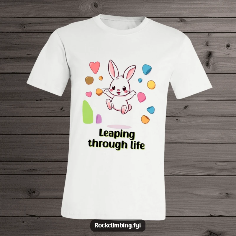 Funny rabbit t-shirt with a playful bunny mid-leap between tiny, vibrant climbing holds, capturing dynamic fun.