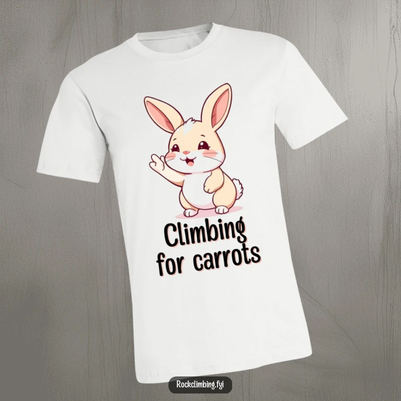 Funny rabbit climbing t-shirt of a determined rabbit reaching for the next handhold. Motivational and humorous apparel for climbers.