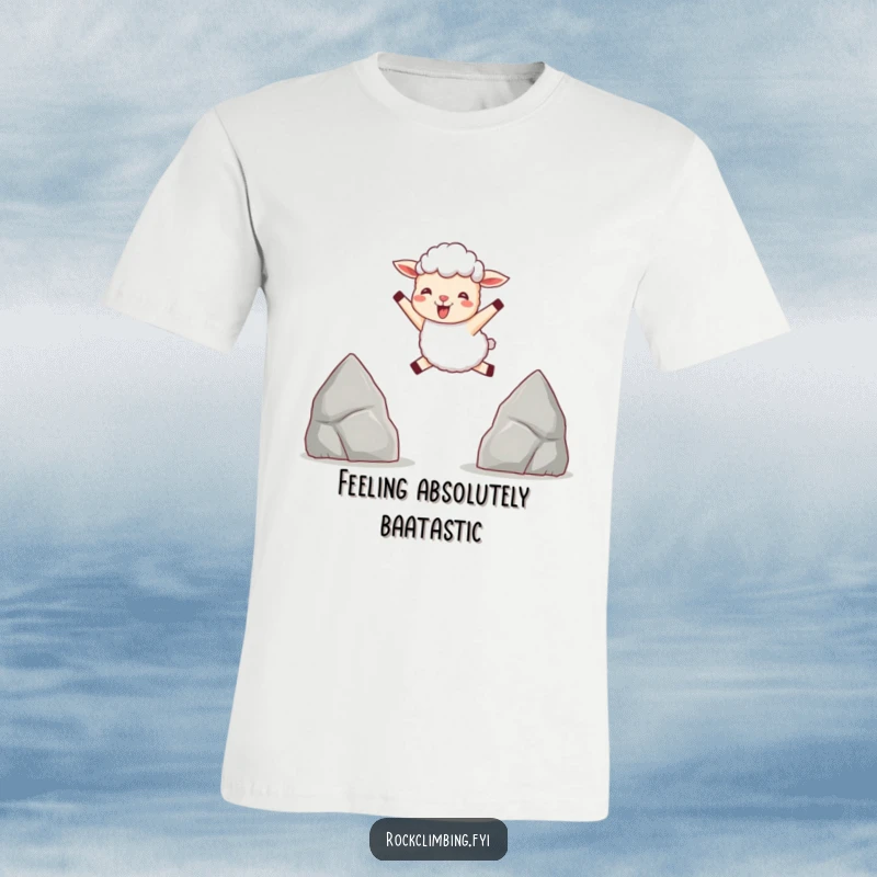 Funny t-shirt with a delighted sheep leaping dynamically between two small, pointed rocks with a happy expression.