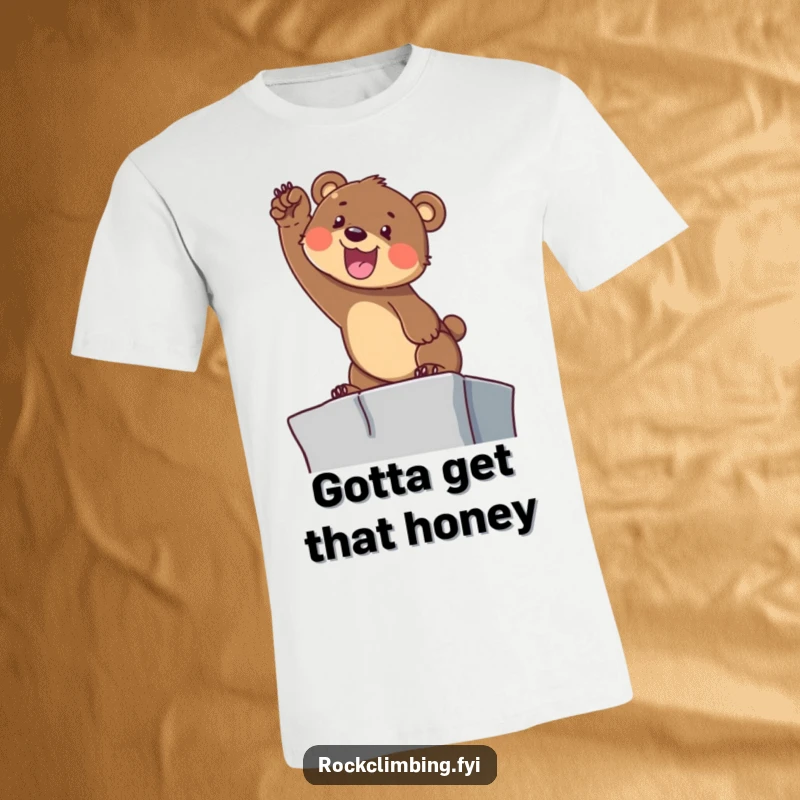 Funny Bear Cub Climbing T-Shirt: A cheerful bear cub reaches for a high ledge, symbolizing determination for gift.