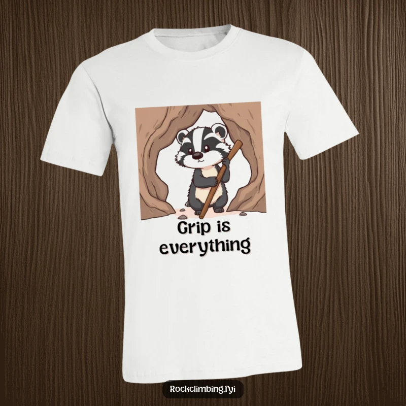 Funny badger t-shirt featuring a determined badger using a sturdy stick to secure pawholds while climbing, conveying effort and humor.