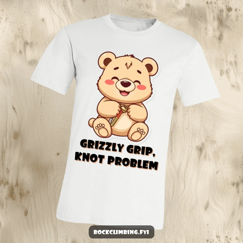 Funny bear cub t-shirt, a grinning cub expertly places a carabiner onto a tightly tied knot, ready for adventure.