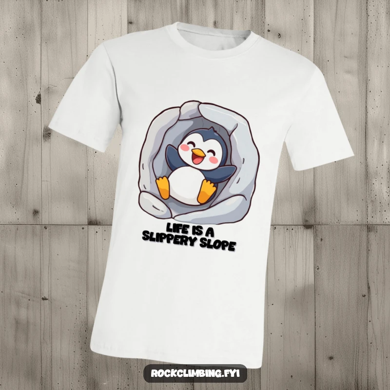 Funny joyful penguin t-shirt featuring a happy bird sliding down a rock, capturing a moment of pure, uninhibited fun.