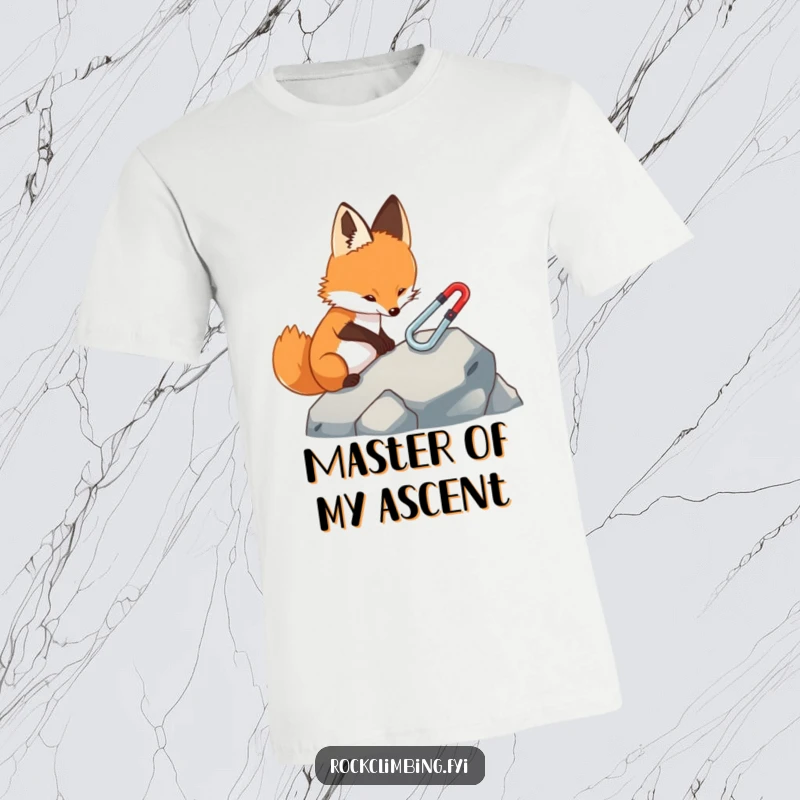 Funny fox t-shirt, illustrating a focused fox meticulously placing a miniature carabiner onto a rock, highlighting planning and climbing.