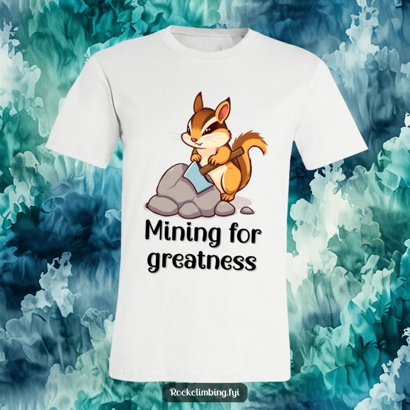 Funny t-shirt with a determined chipmunk actively chipping away at a rock using a small pickaxe, showcasing focused effort.