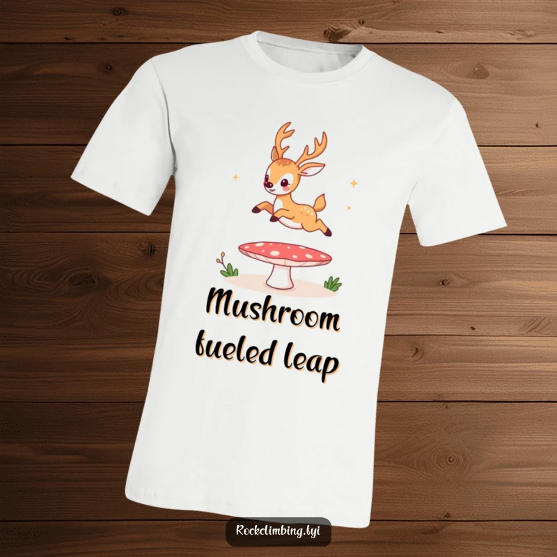 Funny T-Shirt, a deer leaping with exaggerated fun using a mushroom as a trampoline, celebrating a comical moment in nature.