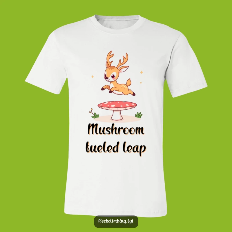 Funny Jumping Deer Mushroom Trampoline T-Shirt - Comical Outdoor Adventure Tee