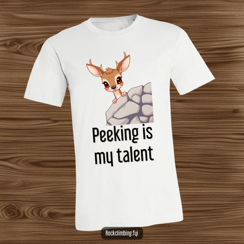 Funny deer t-shirt featuring a curious deer peeking over a rocky ledge with large, expressive eyes, conveying a sense of awe.