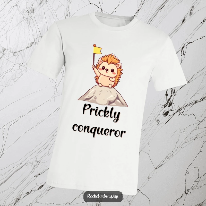 Funny T-Shirt showcasing a triumphant hedgehog holding a tiny flag high at the peak of a mountain, embodying success and joy.