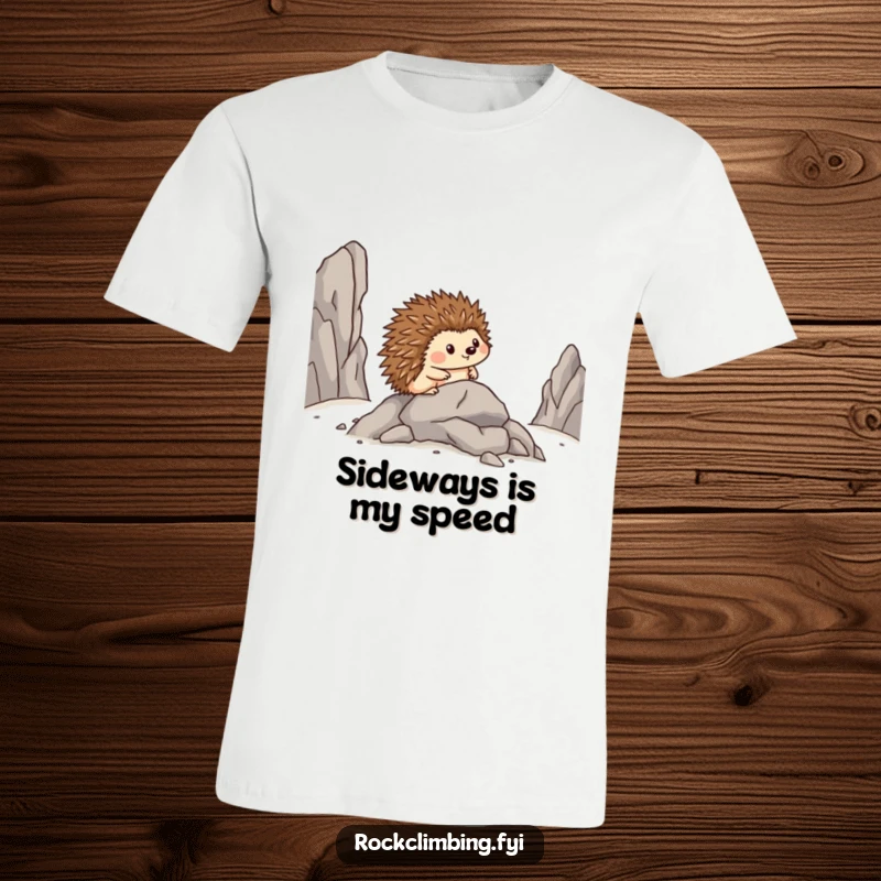 Funny t-shirt showcasing a brave hedgehog moving sideways on rocks, looking incredibly pleased with its accomplishment.