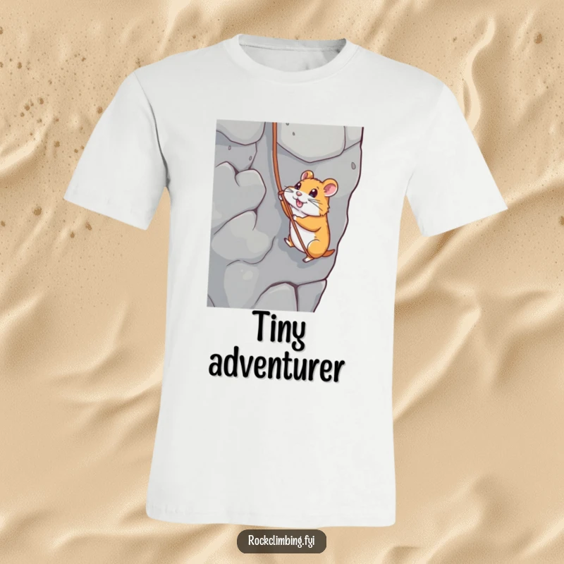 Funny t-shirt with a playful hamster rappelling down a rock face using a string, exuding determination and humor.