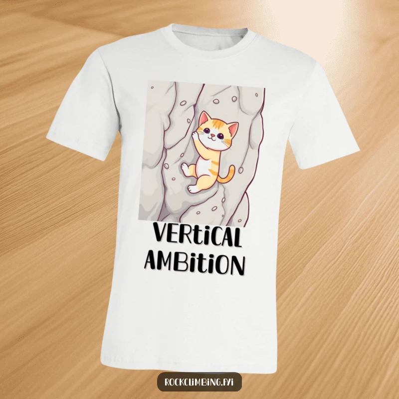 Funny cat t-shirt featuring a skilled cat ascending a rock wall with suction cups, a humorous take on ambition.