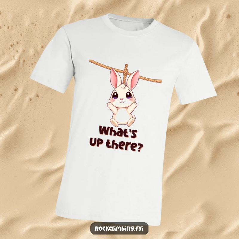 Funny Rabbit Rope T-Shirt: A curious rabbit hangs from a rope, looking up with wide eyes, whimsical design.