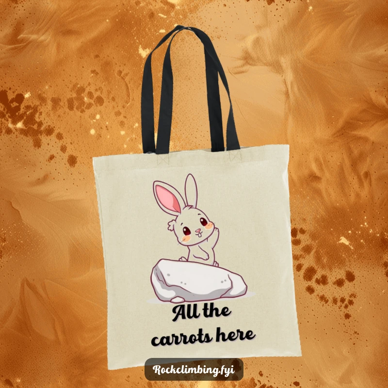 Funny tote bag showcasing a curious rabbit reaching for a colorful handhold on a boulder, for carrying items with a humorous flair.
