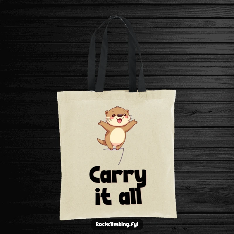 Funny cheerful otter balancing precariously on a narrow ledge with arms outstretched, looking happy and playful, a practical funny tote.