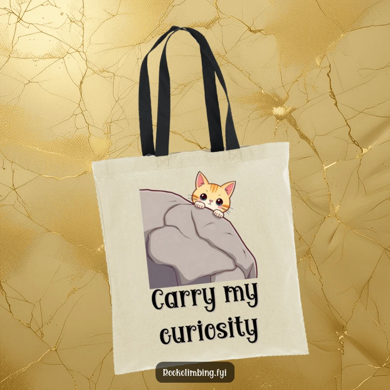 Funny curious cat peering over a massive boulder edge, whiskers twitching, looking intrigued, a practical funny tote.