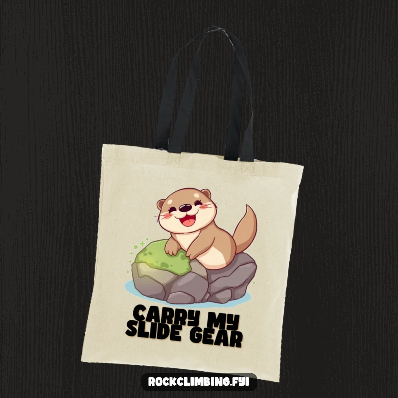Funny otter tote bag illustrating a smiling otter gleefully sliding down a mossy rock, capturing a moment of pure, unadulterated fun.