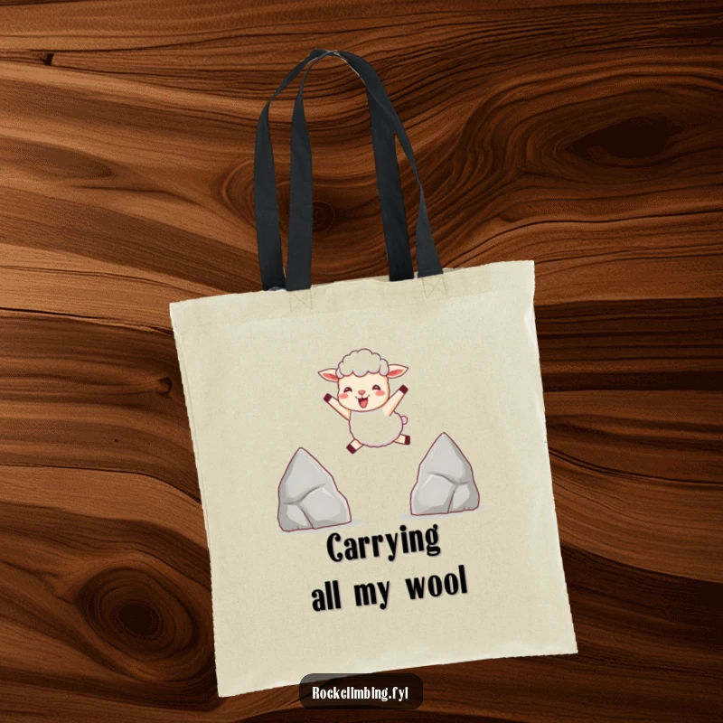 Funny tote bag with a delighted sheep captured mid-leap between two pointed rocks, radiating happiness.