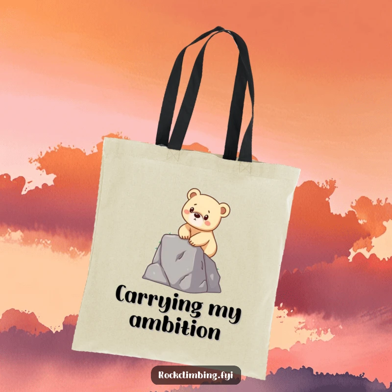Funny tote bag with a determined bear cub scaling a small cliff, perfect for adventurer's gear or daily use.