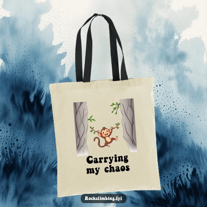 Funny Tote Bag illustration of a silly monkey swinging on a vine between two rocky peaks, great for daily use and fun.