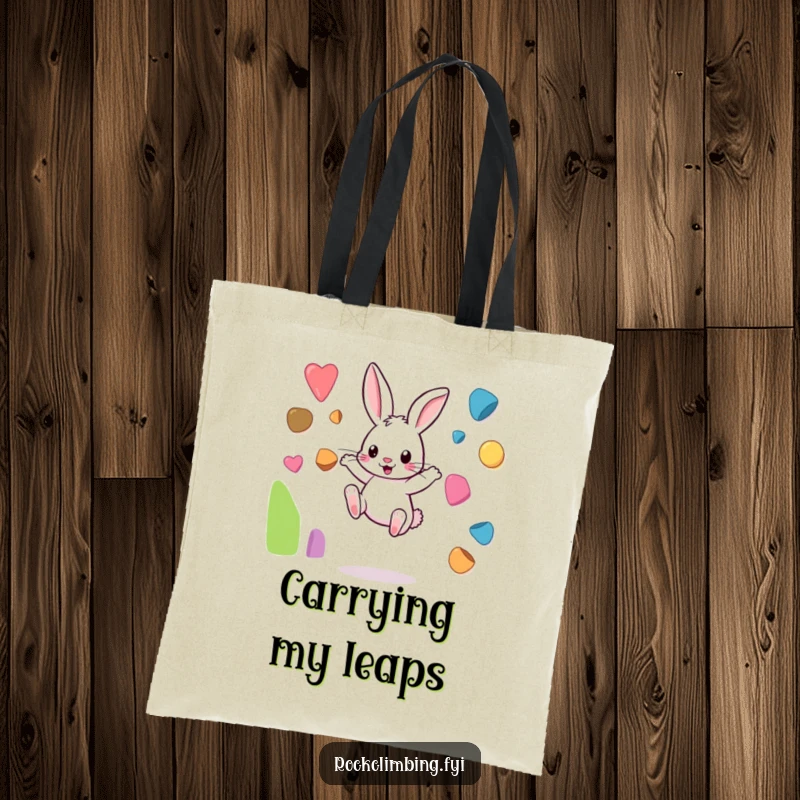 Funny rabbit tote bag with a playful bunny hopping between small, colorful climbing holds, showcasing active fun.
