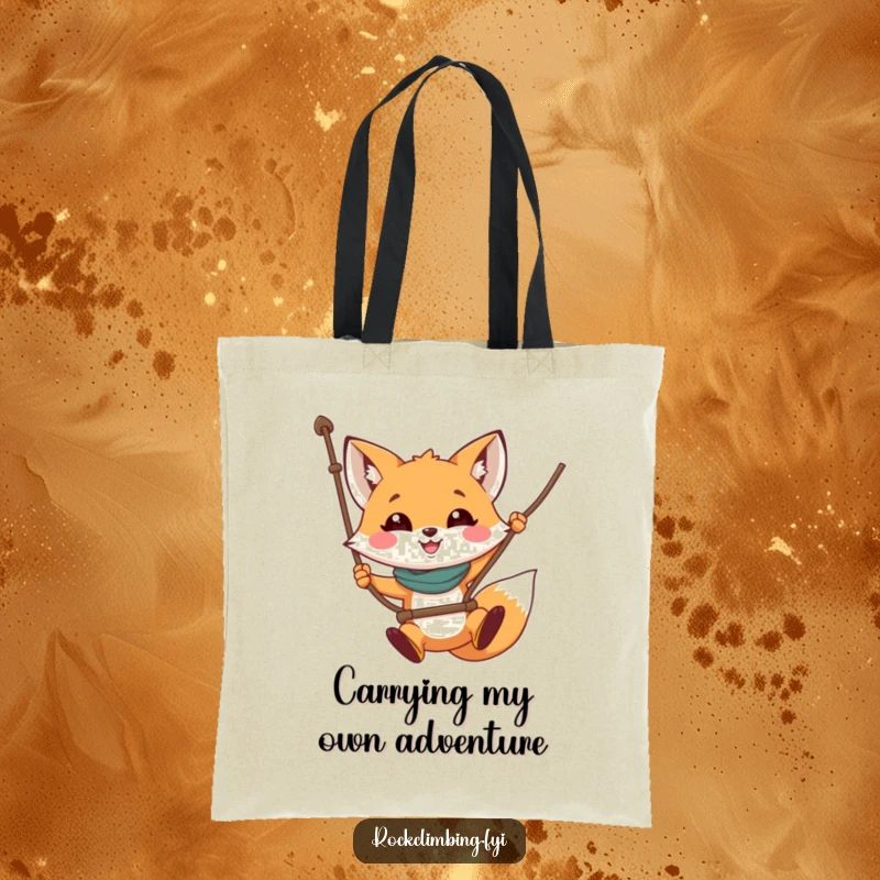 Funny fox tote bag with a smiling fox swinging from a rope, perfect for carrying essentials with a humorous touch.