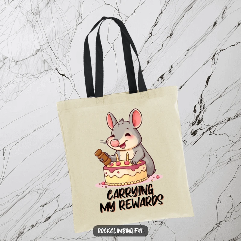 Funny tote bag featuring a smiling aardvark enthusiastically hammering pitons into a cake, ideal for carrying essentials and inspiring adventure.
