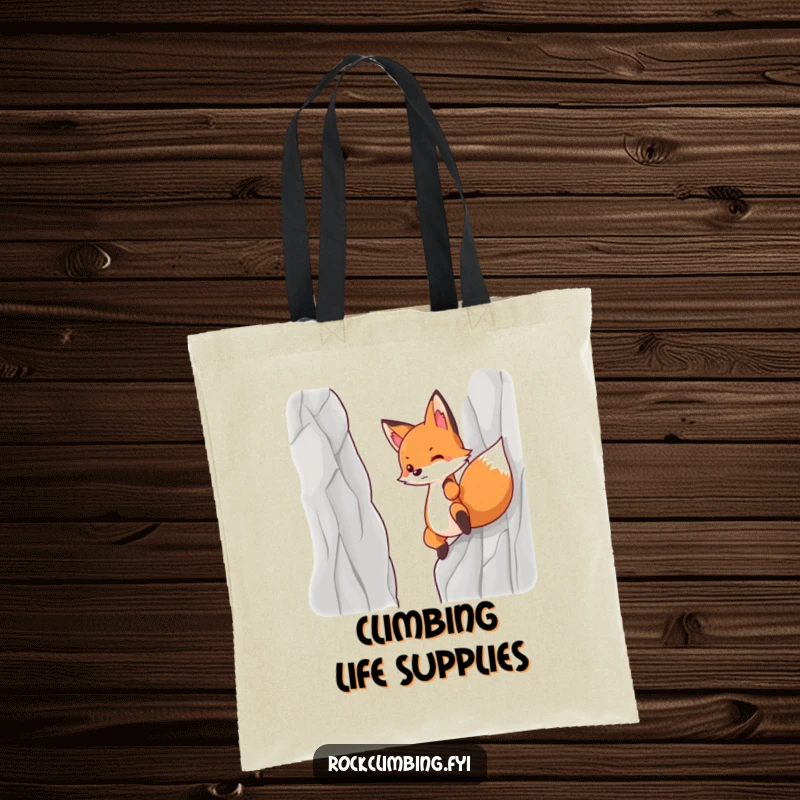 Funny tote bag showcasing a determined fox pulling itself up a perilous cliff face.
