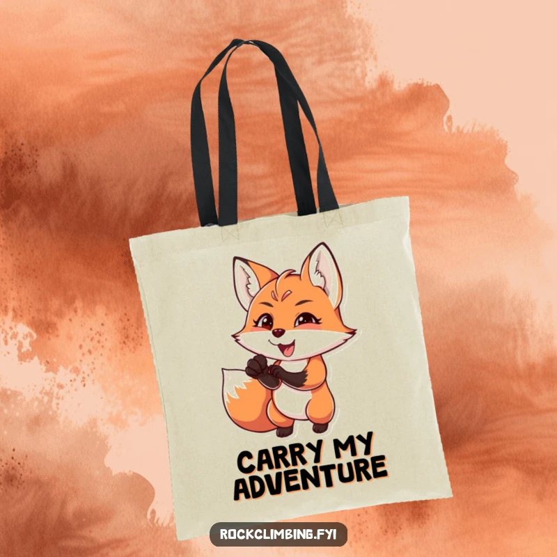 Funny charming fox reaching for a difficult handhold with intense focus and joy, embodying adventure, practical funny tote.