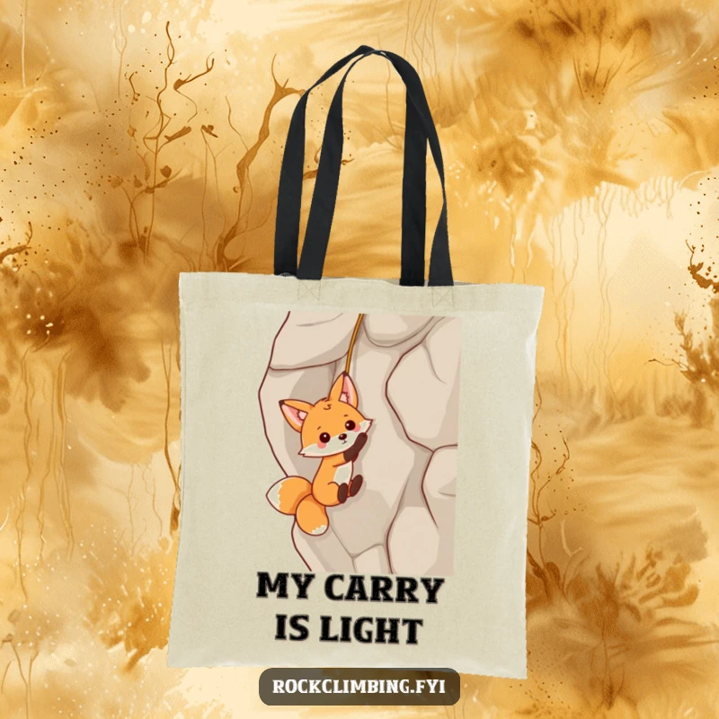 Funny fox illustration dangling from a rock face by a tiny rope on a durable tote bag, ideal for daily use.