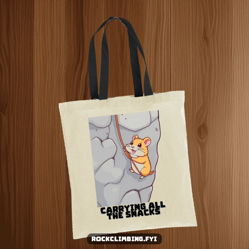 Funny tote bag with a hamster rappelling down a rock face, perfect for carrying daily items with a humorous twist.