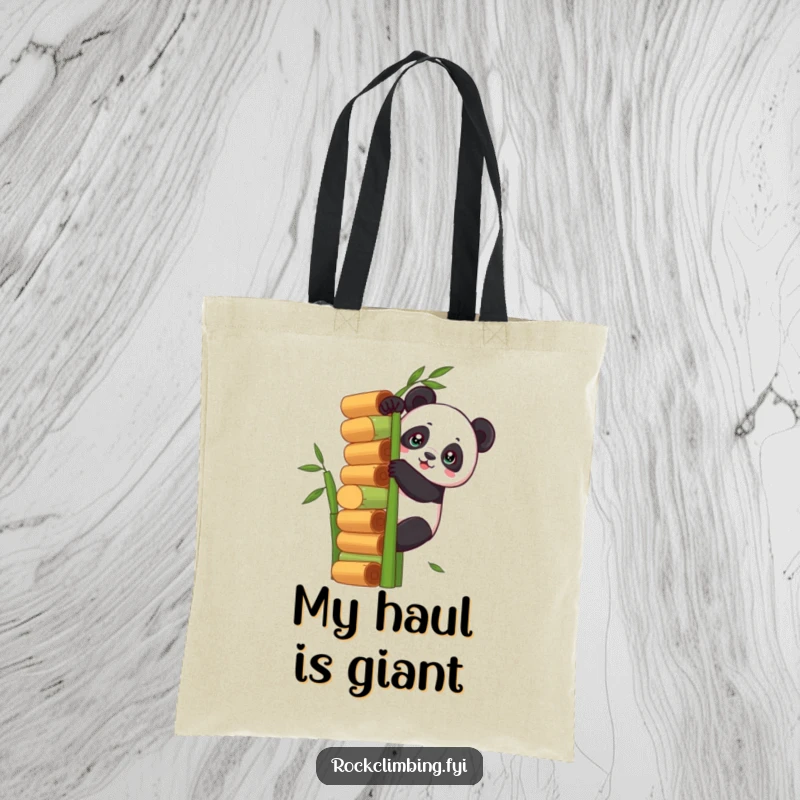 Funny panda climbing a tall stack of bamboo stalks on a durable tote bag, ideal for carrying daily necessities.