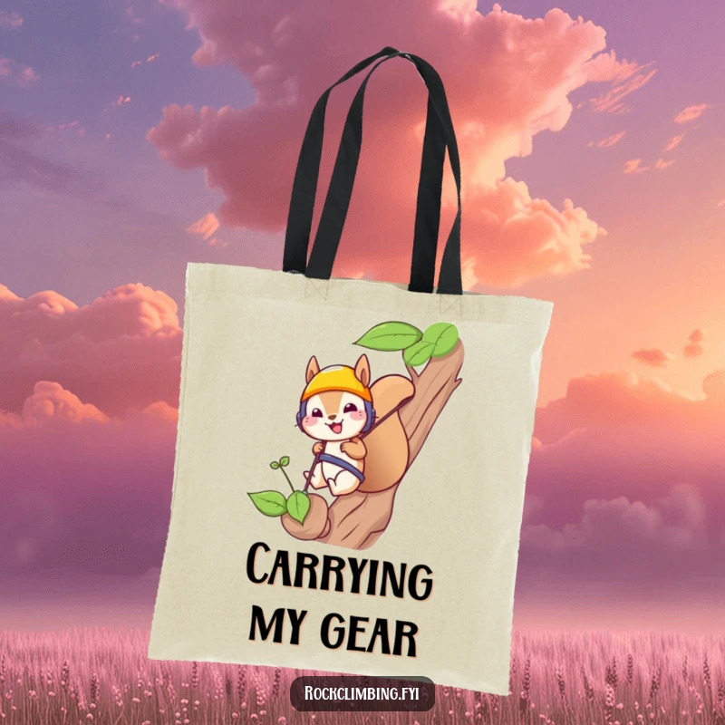 Funny illustration of a squirrel in a helmet rappelling down a sprout on a durable tote bag, ready for errands.