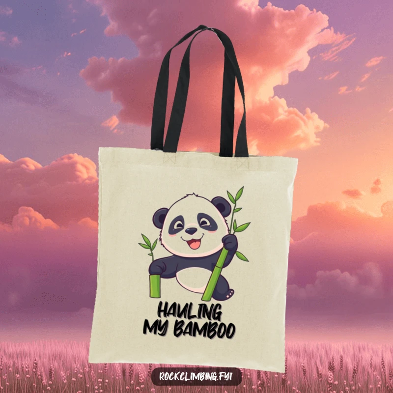Funny panda with a determined grin climbing a bamboo stalk, on a practical and stylish tote bag.