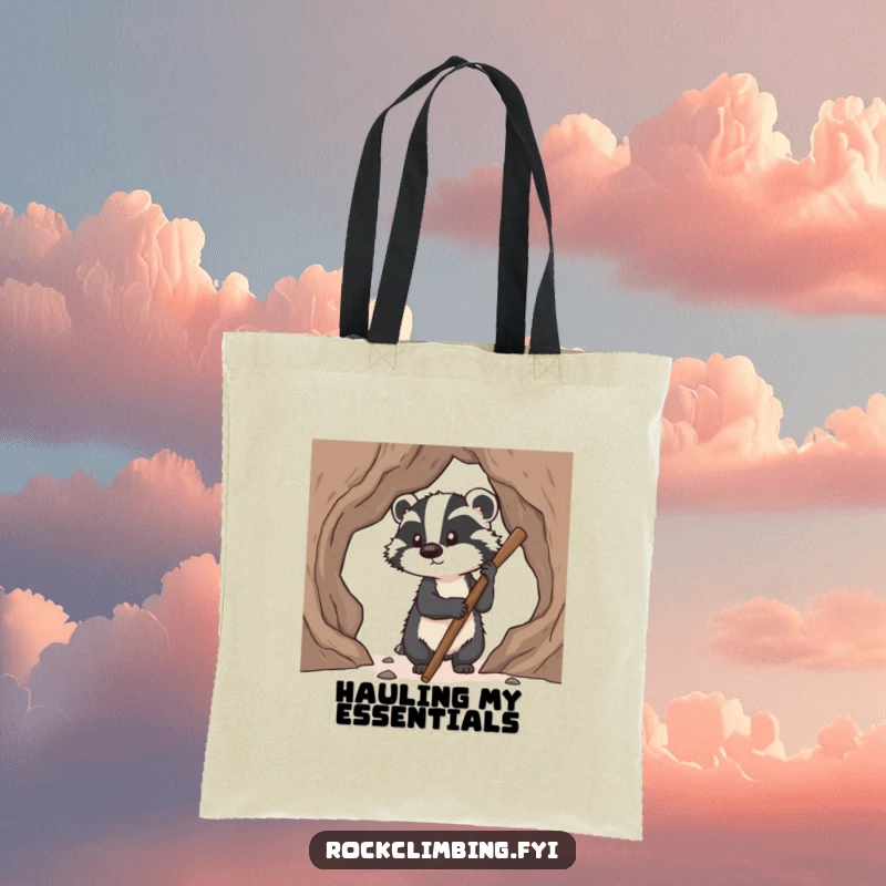 Funny badger tote bag featuring a determined badger using a stick for pawholds while climbing, ideal for carrying items with a humorous theme.