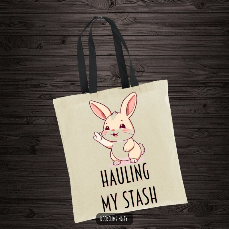 Funny rabbit climbing tote bag with a rabbit reaching for a handhold. Motivational and humorous, perfect for carrying essentials.