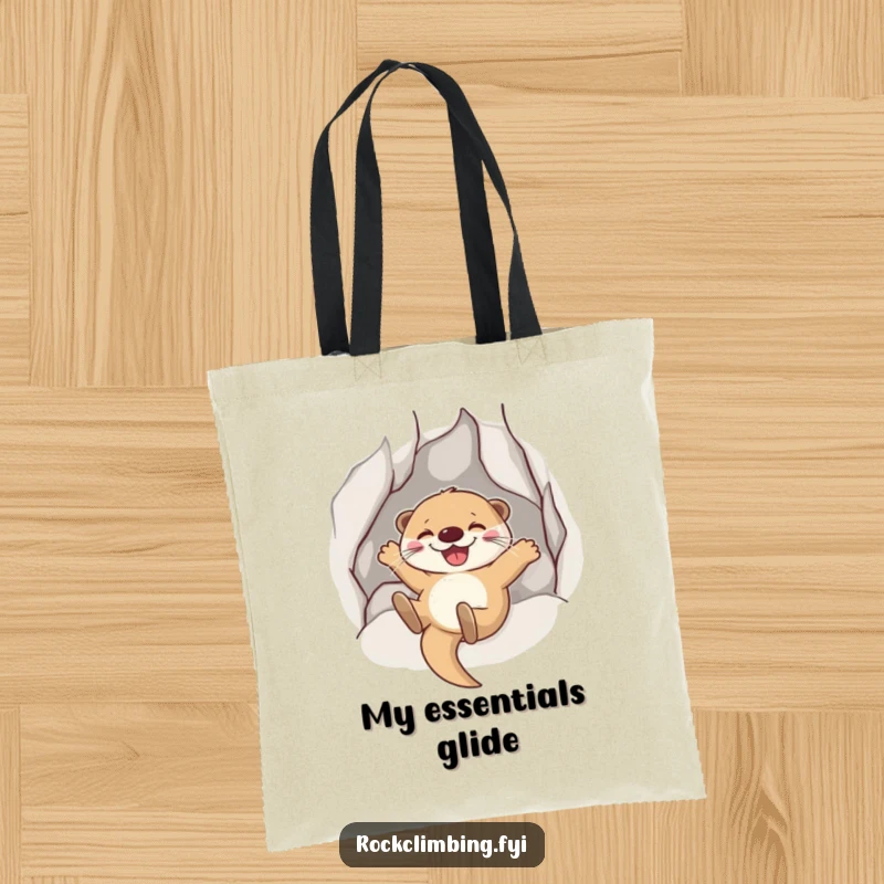 Funny Otter Sliding Tote Bag: A joyful otter grins as it slides down a rock face, practical and fun.
