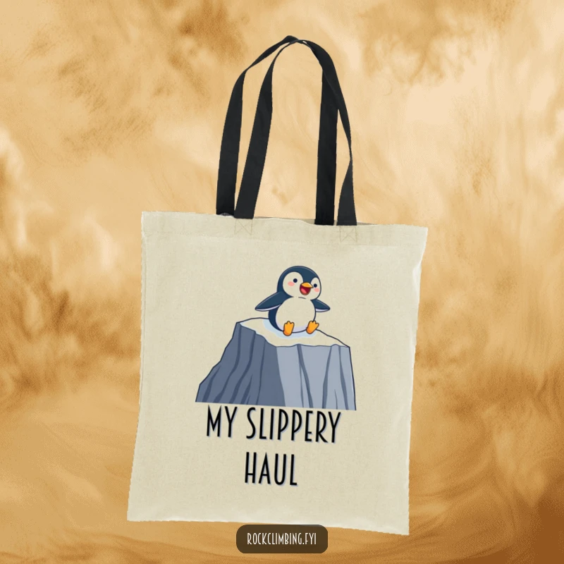 Funny Tote Bag showing a happy penguin gleefully sliding down a sheer cliff face on its belly, a fun and practical accessory.