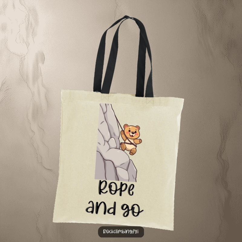 Funny Bear Tote Bag: A determined bear confidently rappels down a cliff, carrying essentials with adventurous prowess.