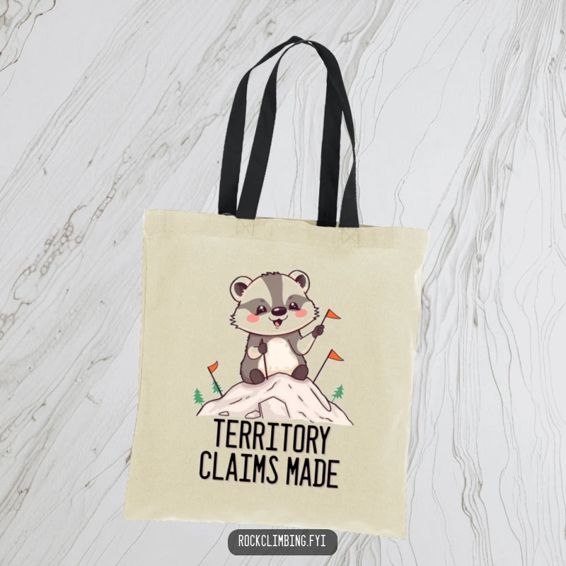 Funny badger tote bag showing a badger planting flags on a mountain top, a humorous and practical companion.